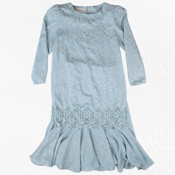 80s Vintage Light Blue Satin Floral Jacquard Lace Tunic Blouse Skirt Set Size 8 - Picture 1 of 14